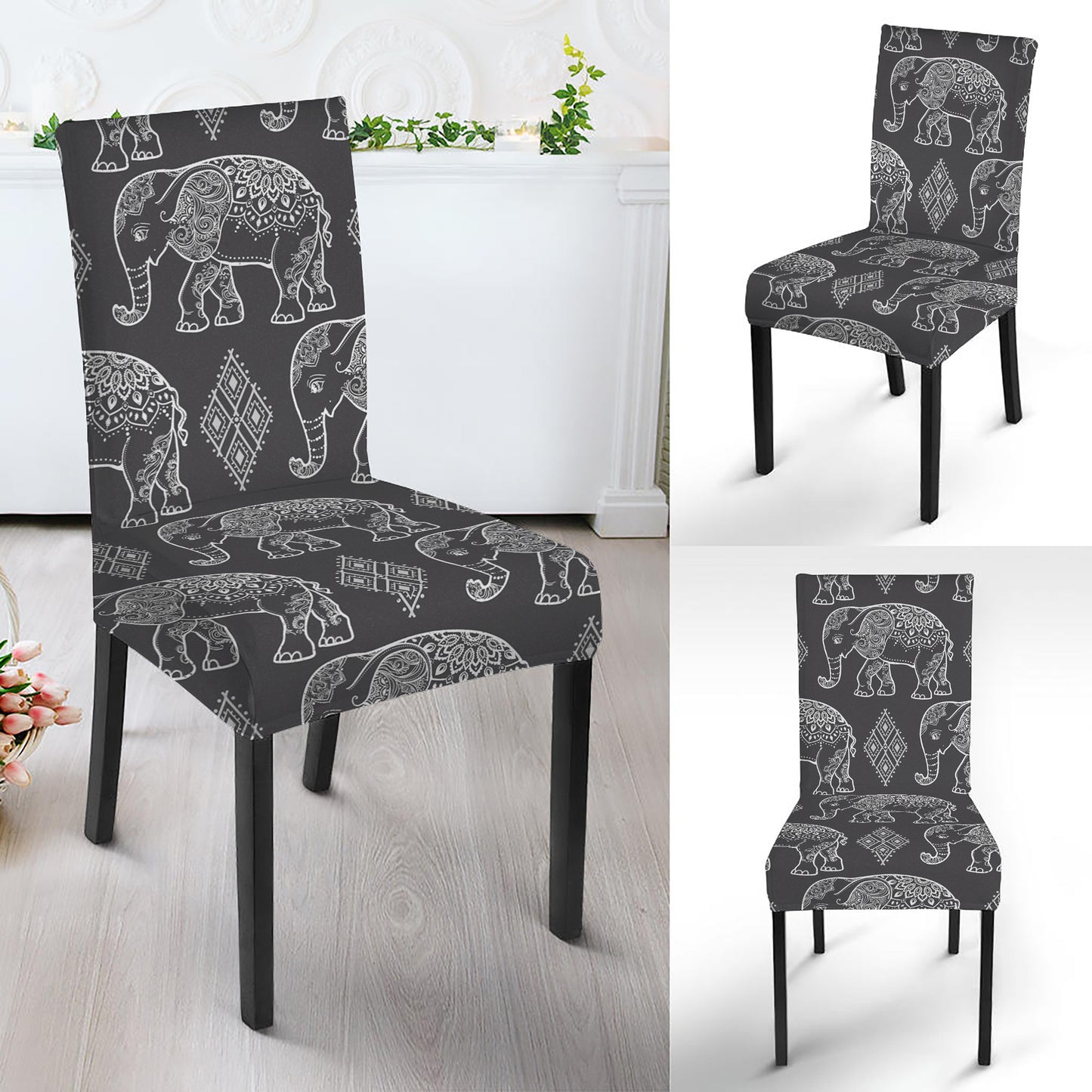 White And Grey Indian Elephant Print Dining Chair Slipcover