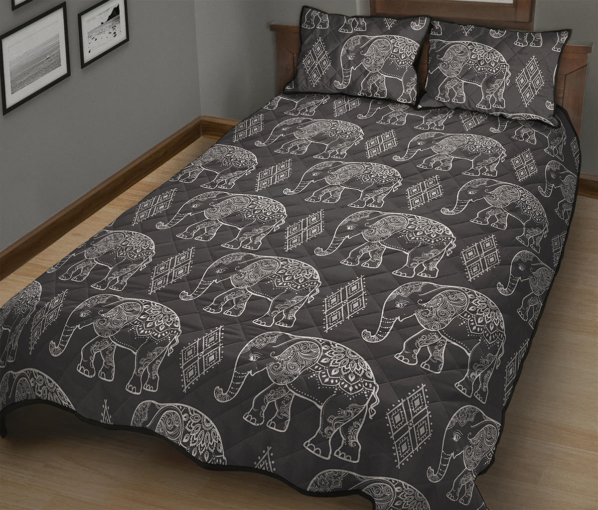 White And Grey Indian Elephant Print Quilt Bed Set
