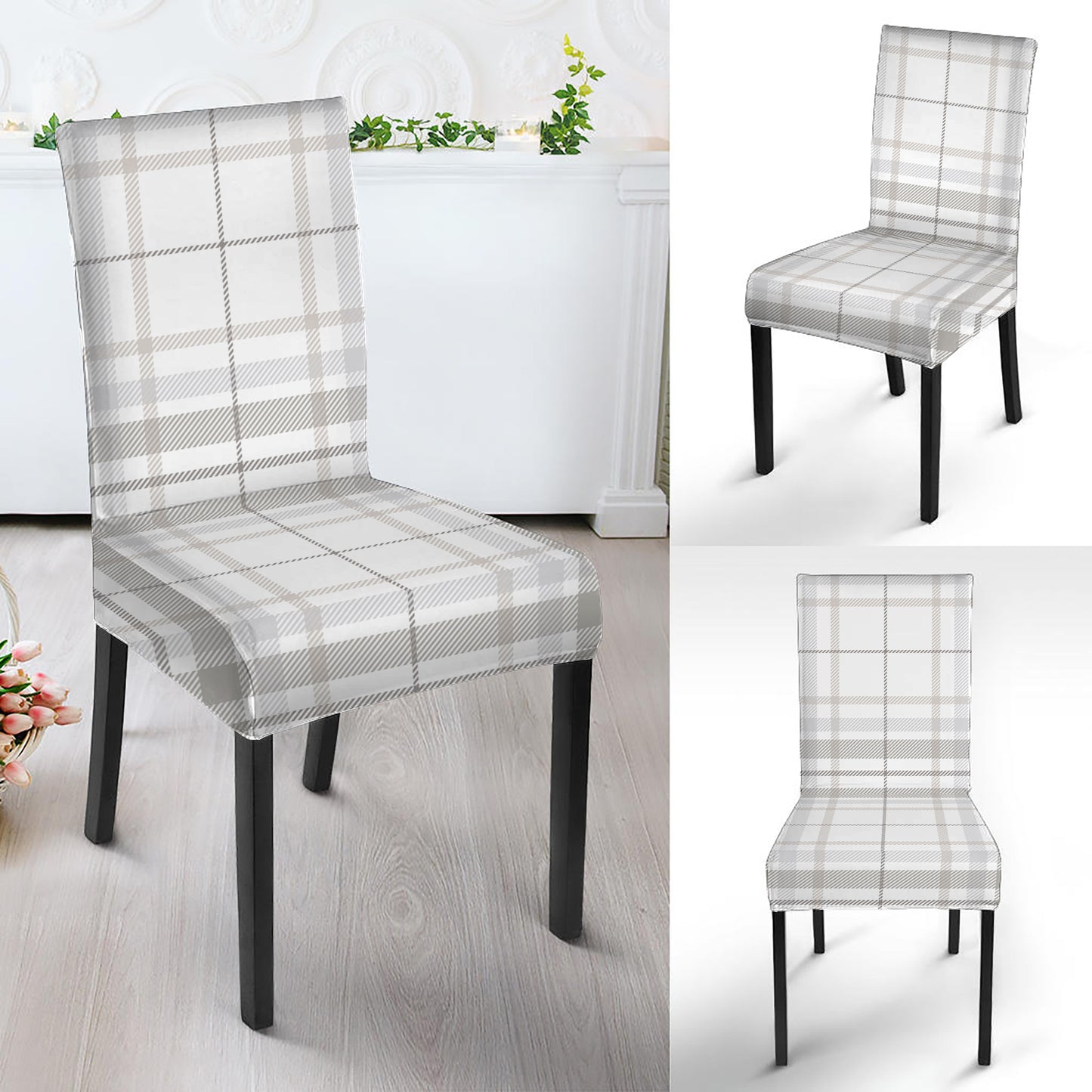 White And Grey Plaid Pattern Print Dining Chair Slipcover