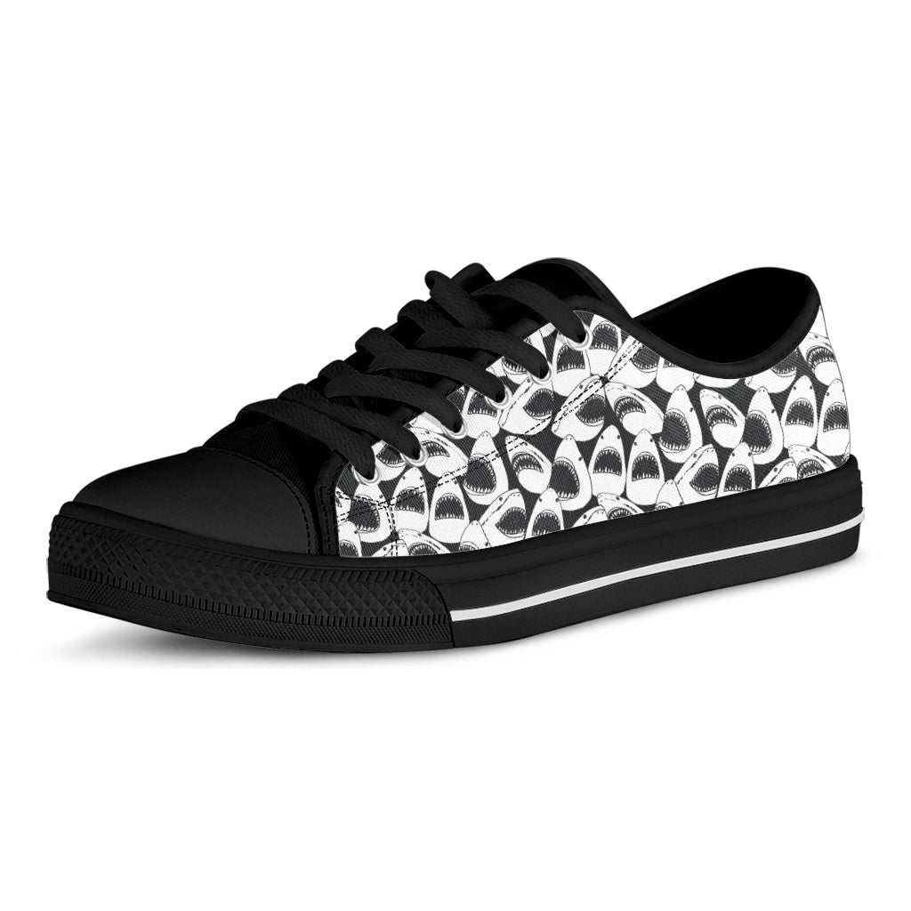 White And Grey Shark Pattern Print Black Low Top Shoes