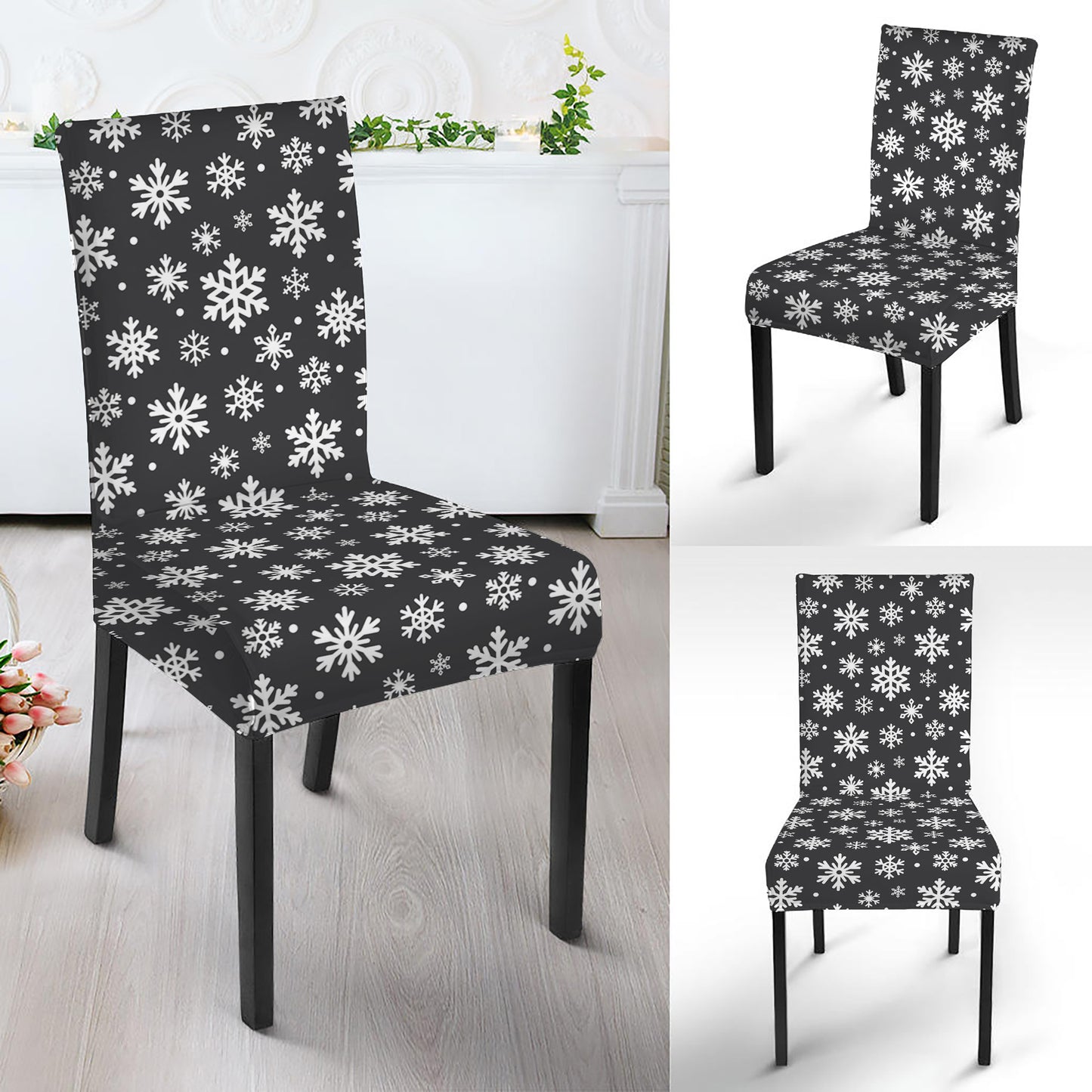 White And Grey Snowflake Pattern Print Dining Chair Slipcover