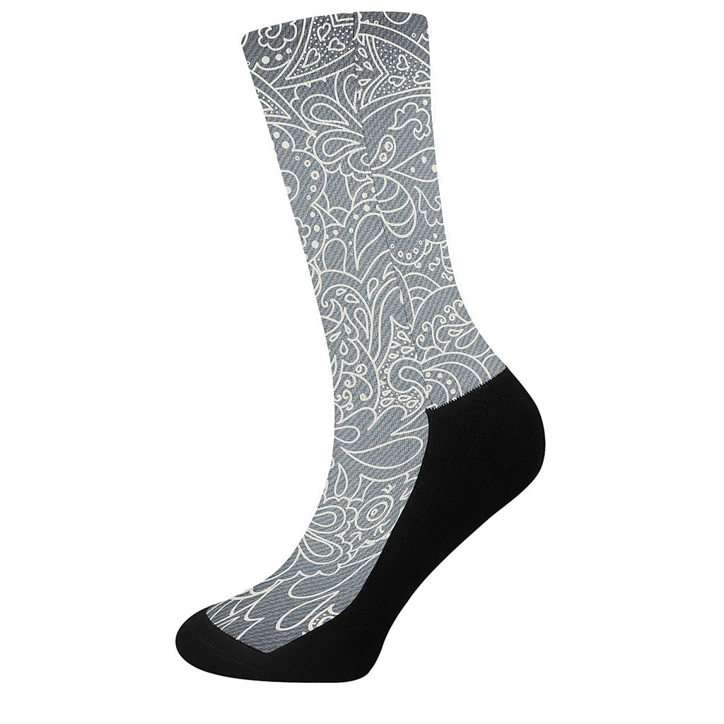 White And Grey Western Floral Print Crew Socks