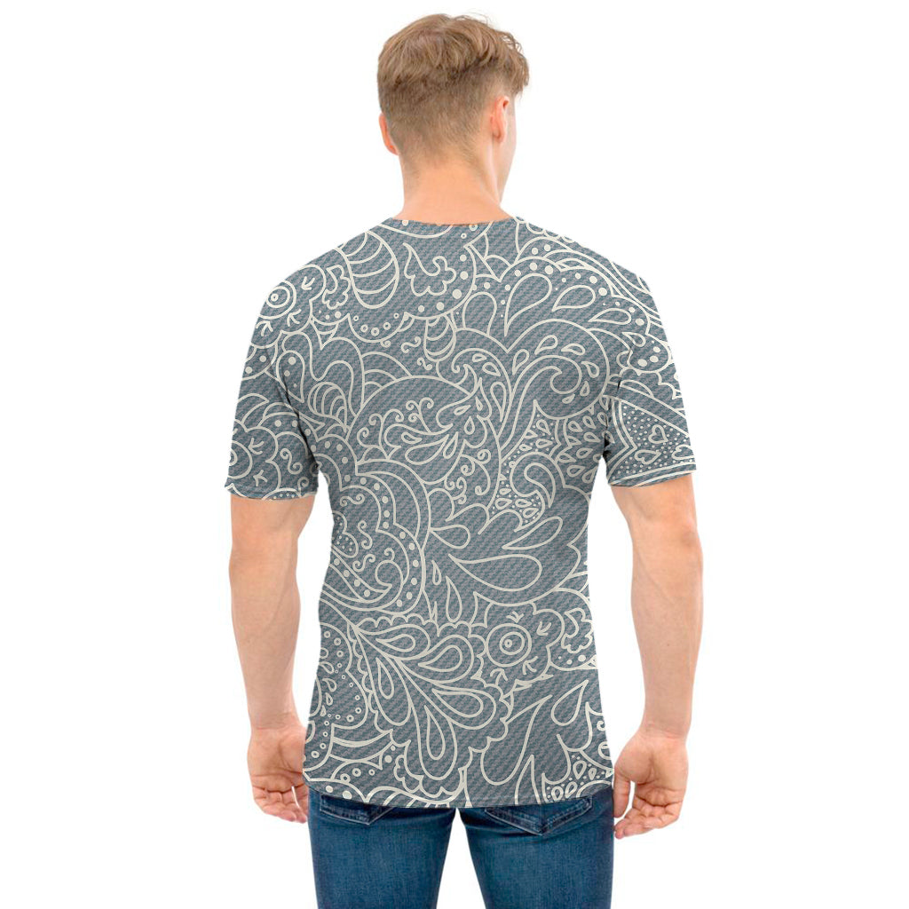 White And Grey Western Floral Print Men's T-Shirt