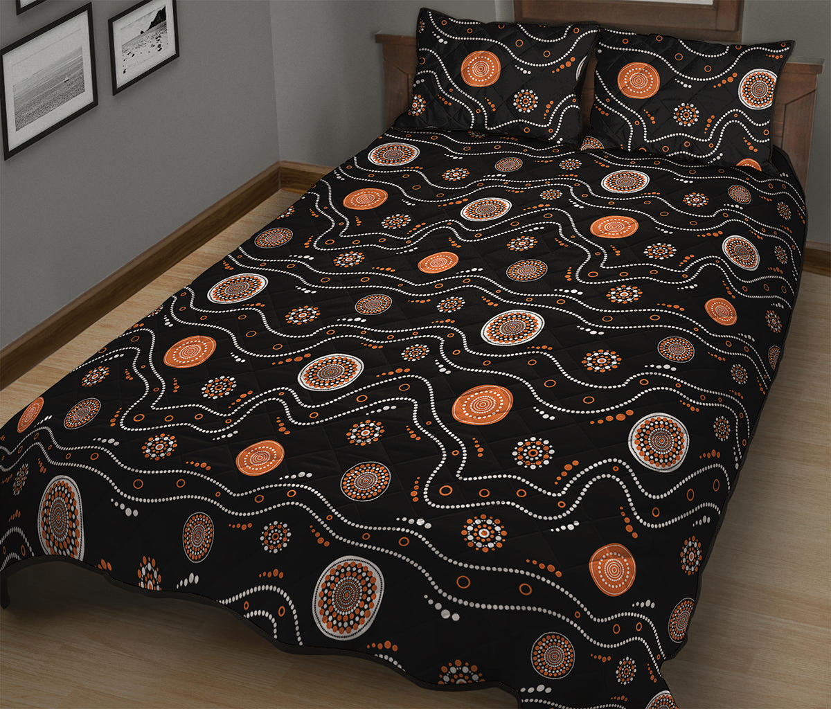 White And Orange Aboriginal Art Print Quilt Bed Set
