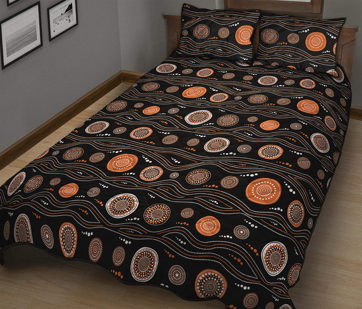White And Orange Aboriginal Dot Print Quilt Bed Set