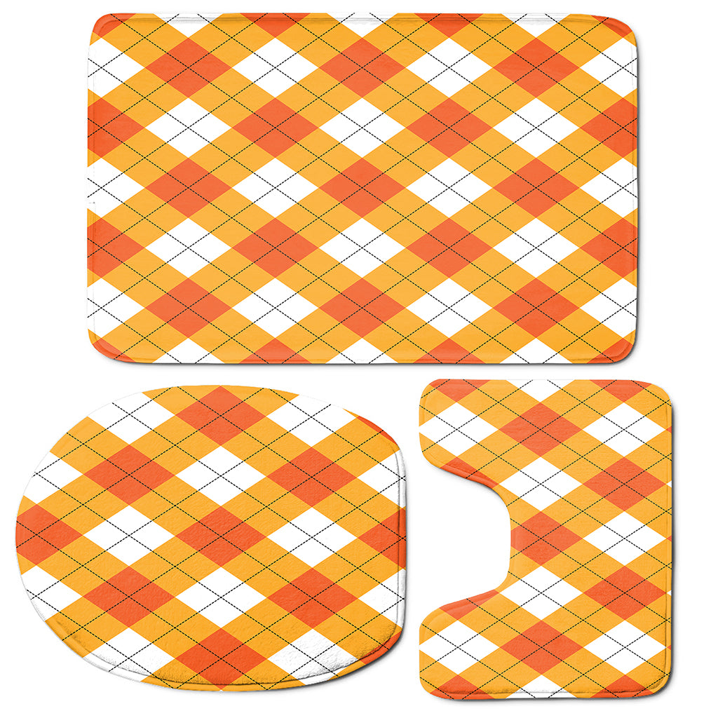 White And Orange Argyle Pattern Print 3 Piece Bath Mat Set