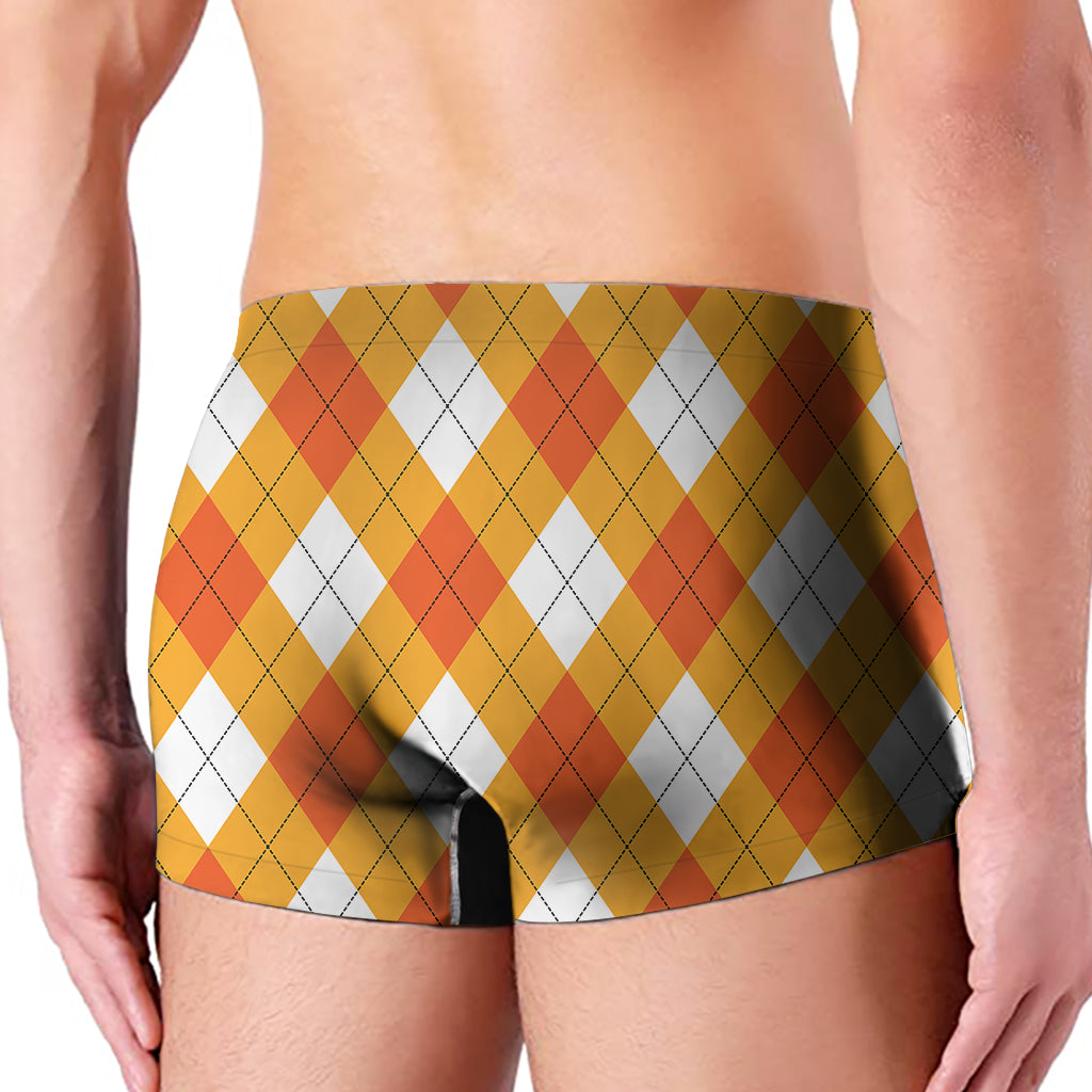 White And Orange Argyle Pattern Print Men's Boxer Briefs