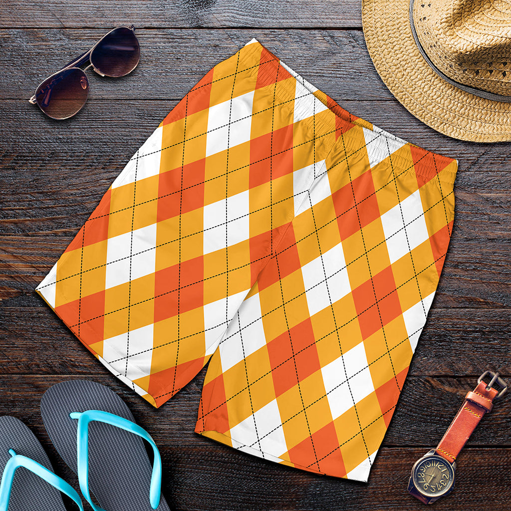 White And Orange Argyle Pattern Print Men's Shorts
