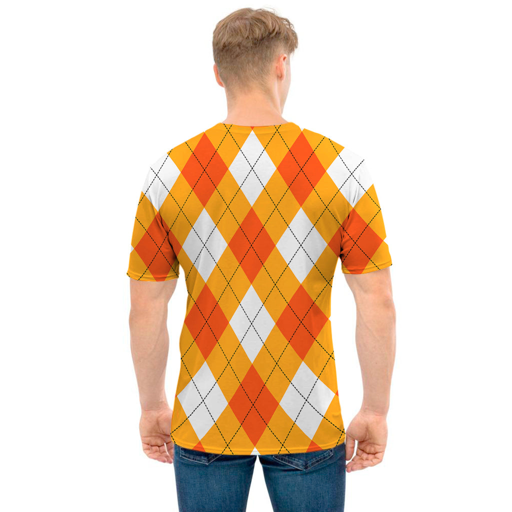 White And Orange Argyle Pattern Print Men's T-Shirt