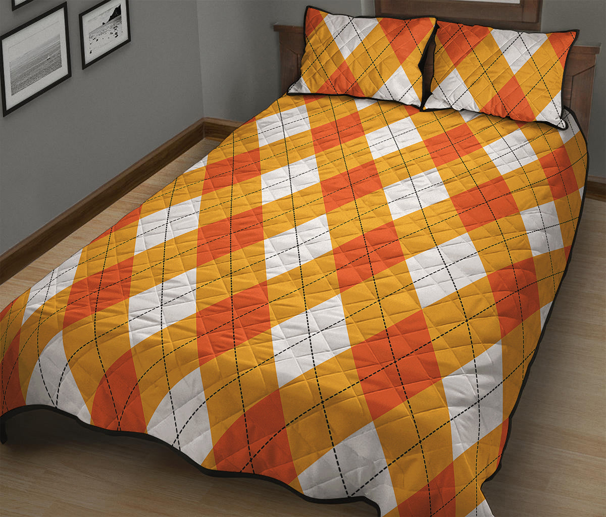 White And Orange Argyle Pattern Print Quilt Bed Set