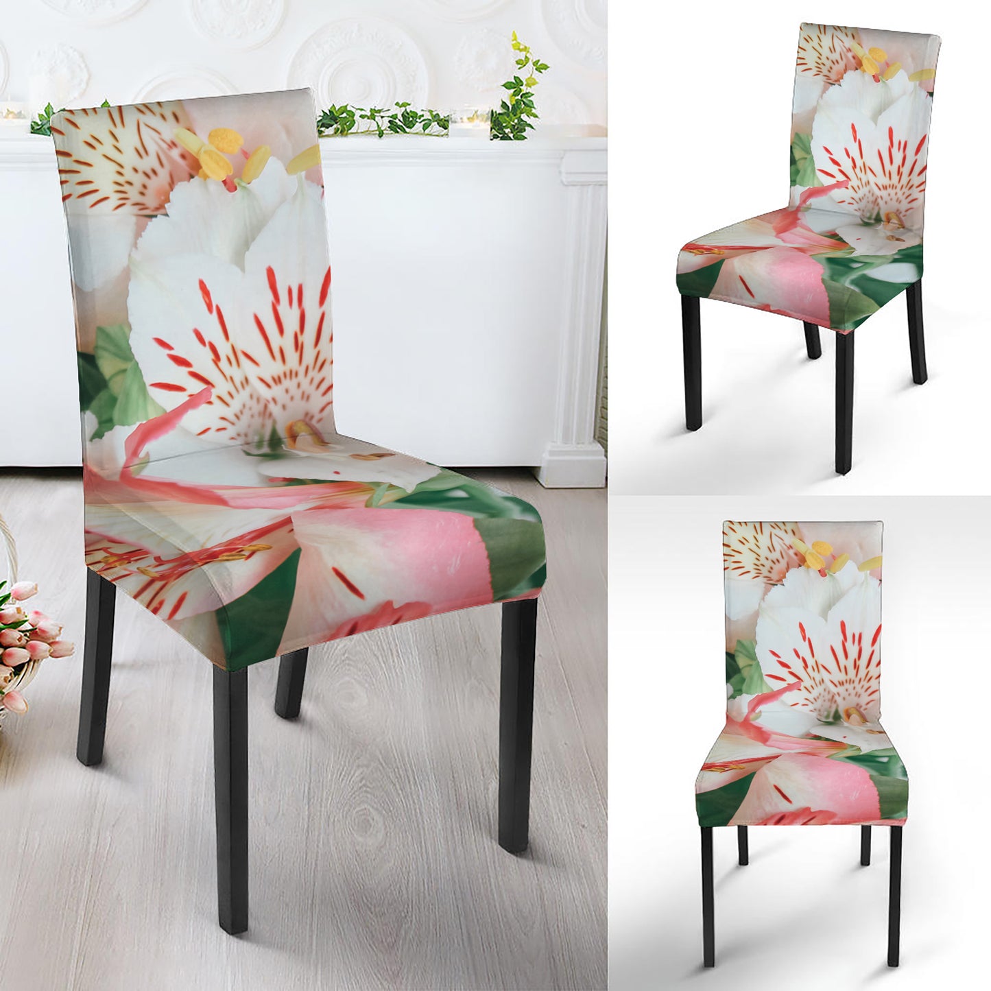 White And Pink Alstroemeria Print Dining Chair Slipcover