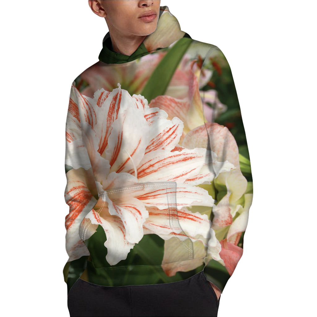 White And Pink Amaryllis Print Pullover Hoodie