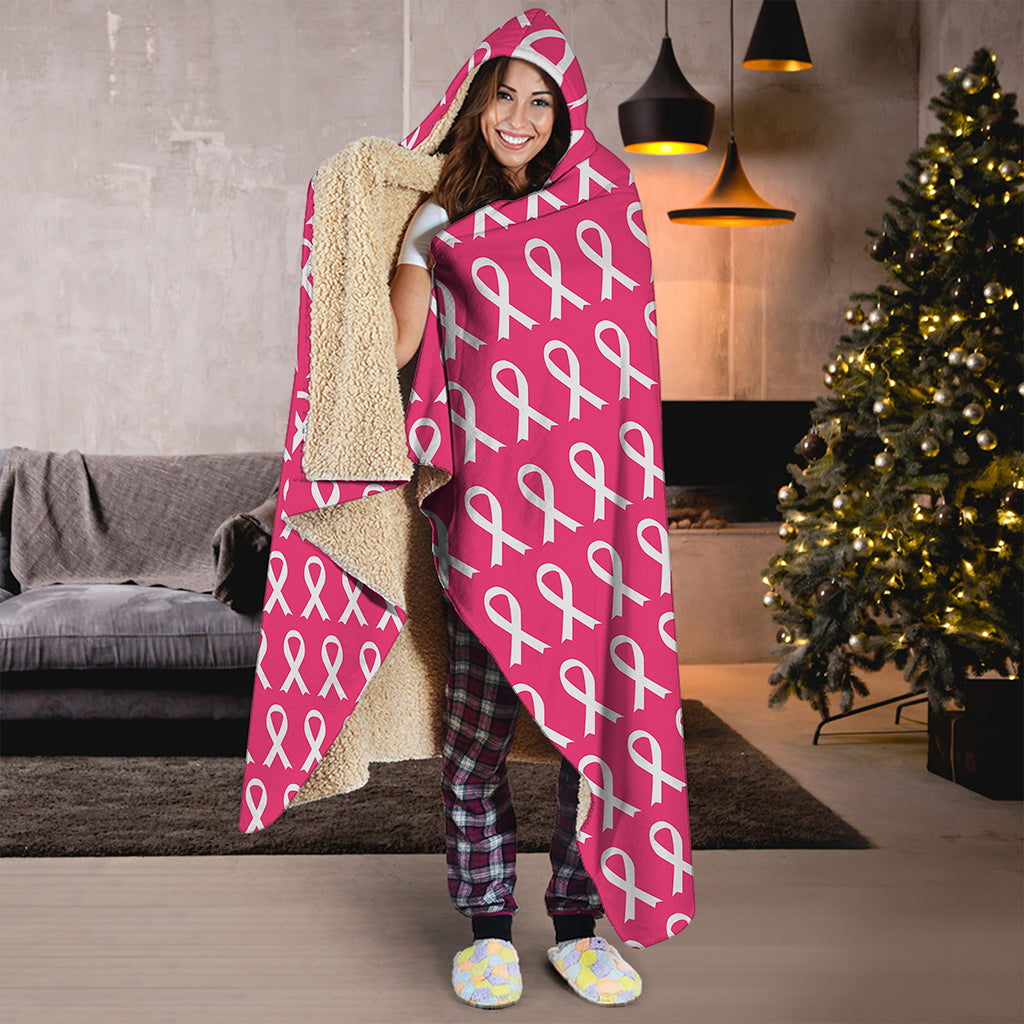 White And Pink Breast Cancer Print Hooded Blanket