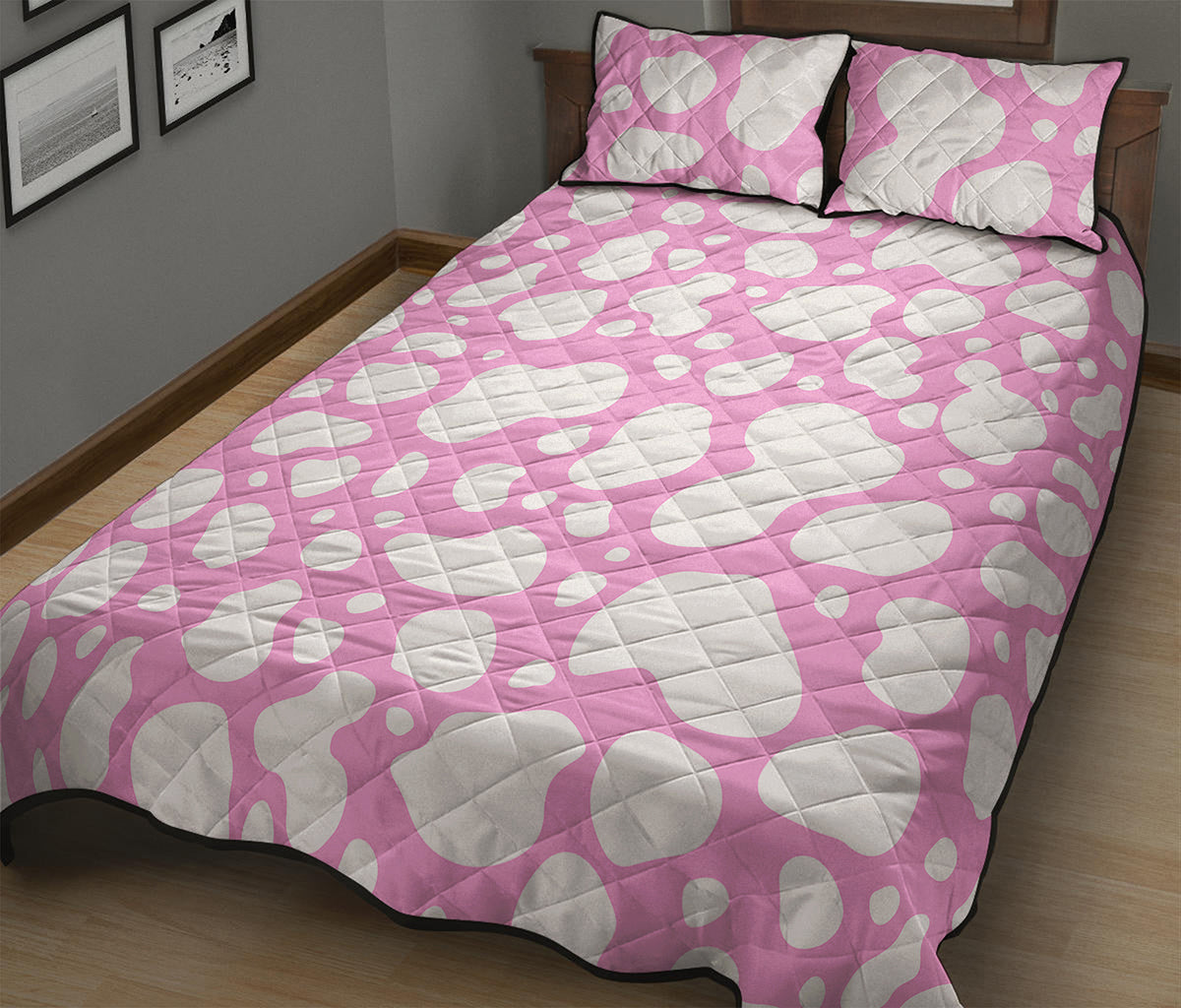 White And Pink Cow Print Quilt Bed Set