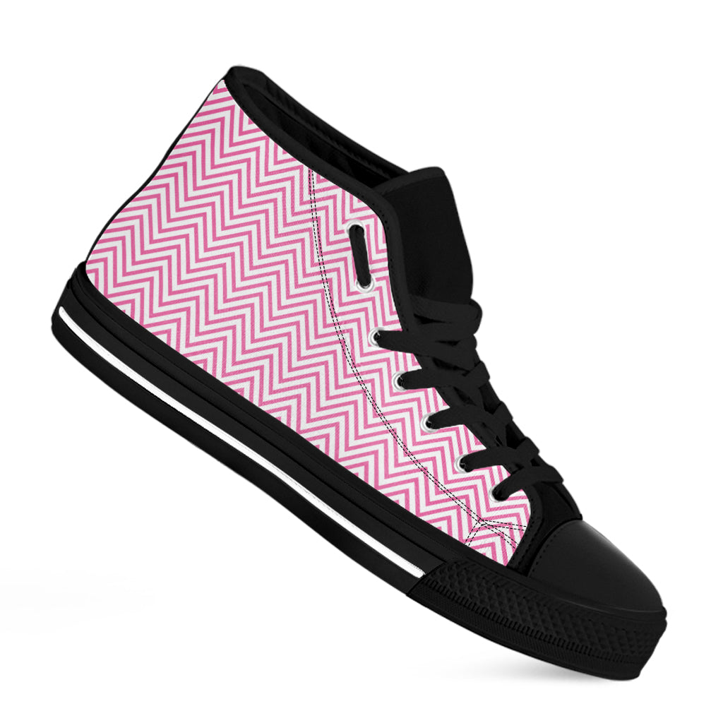 White And Pink Zigzag Pattern Print Black High Top Shoes