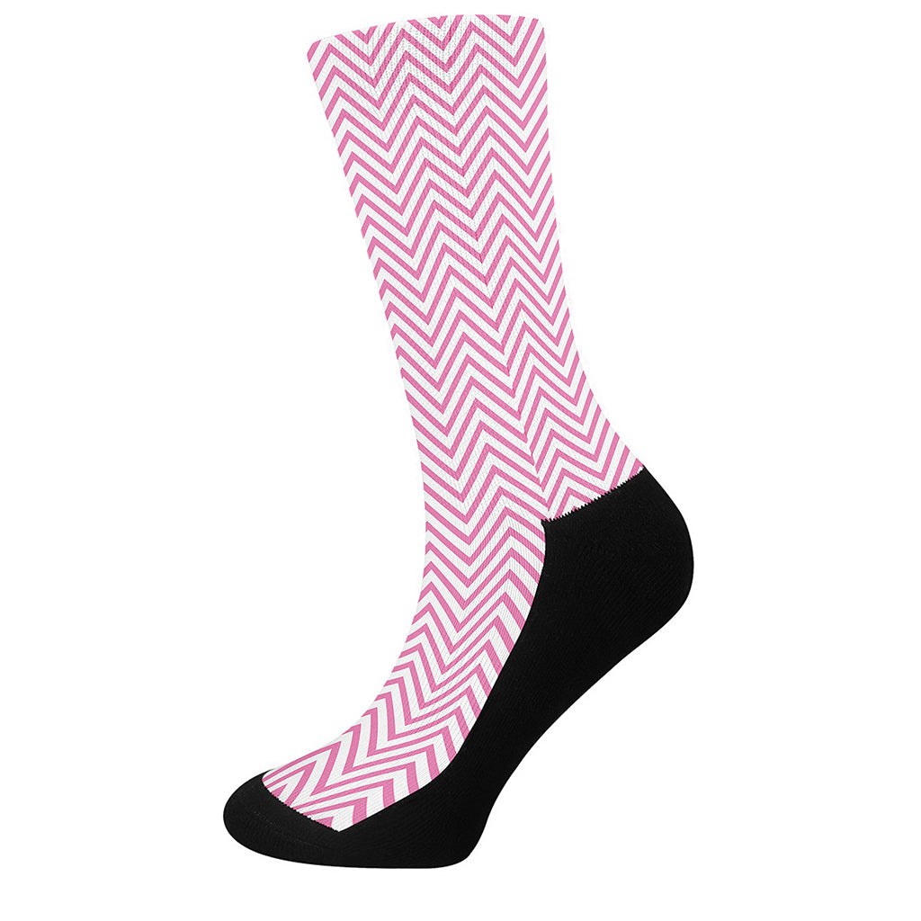 White And Pink Zigzag Pattern Print Crew Socks
