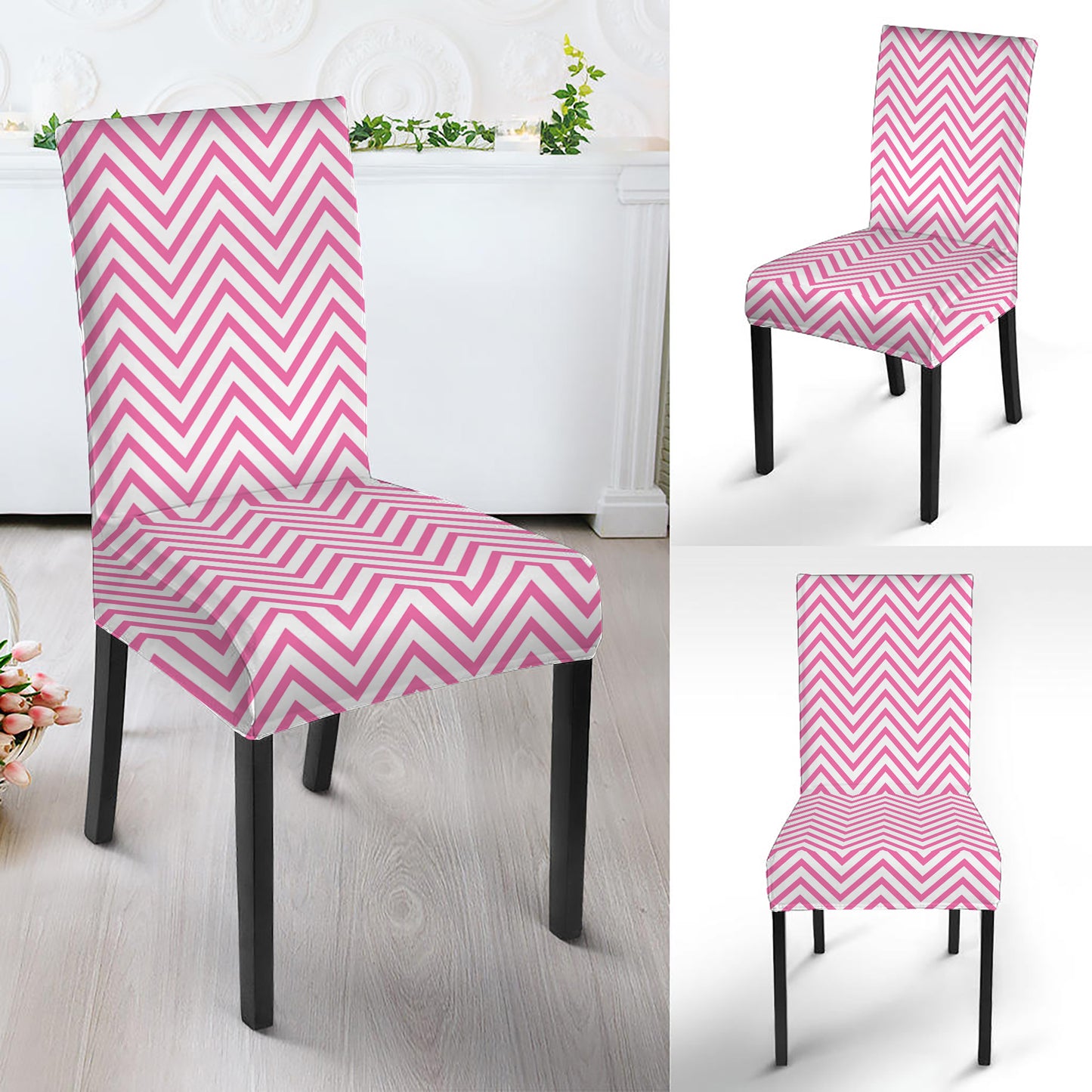 White And Pink Zigzag Pattern Print Dining Chair Slipcover
