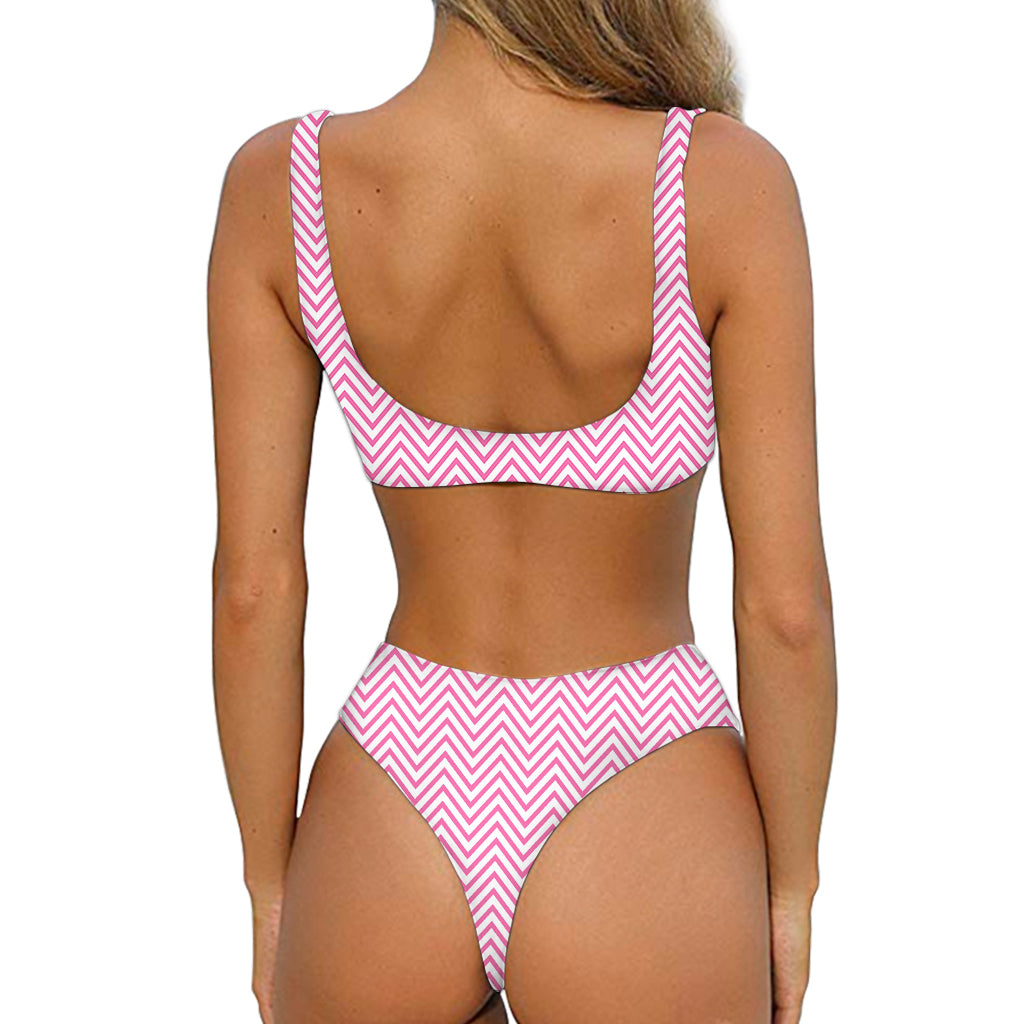 White And Pink Zigzag Pattern Print Front Bow Tie Bikini