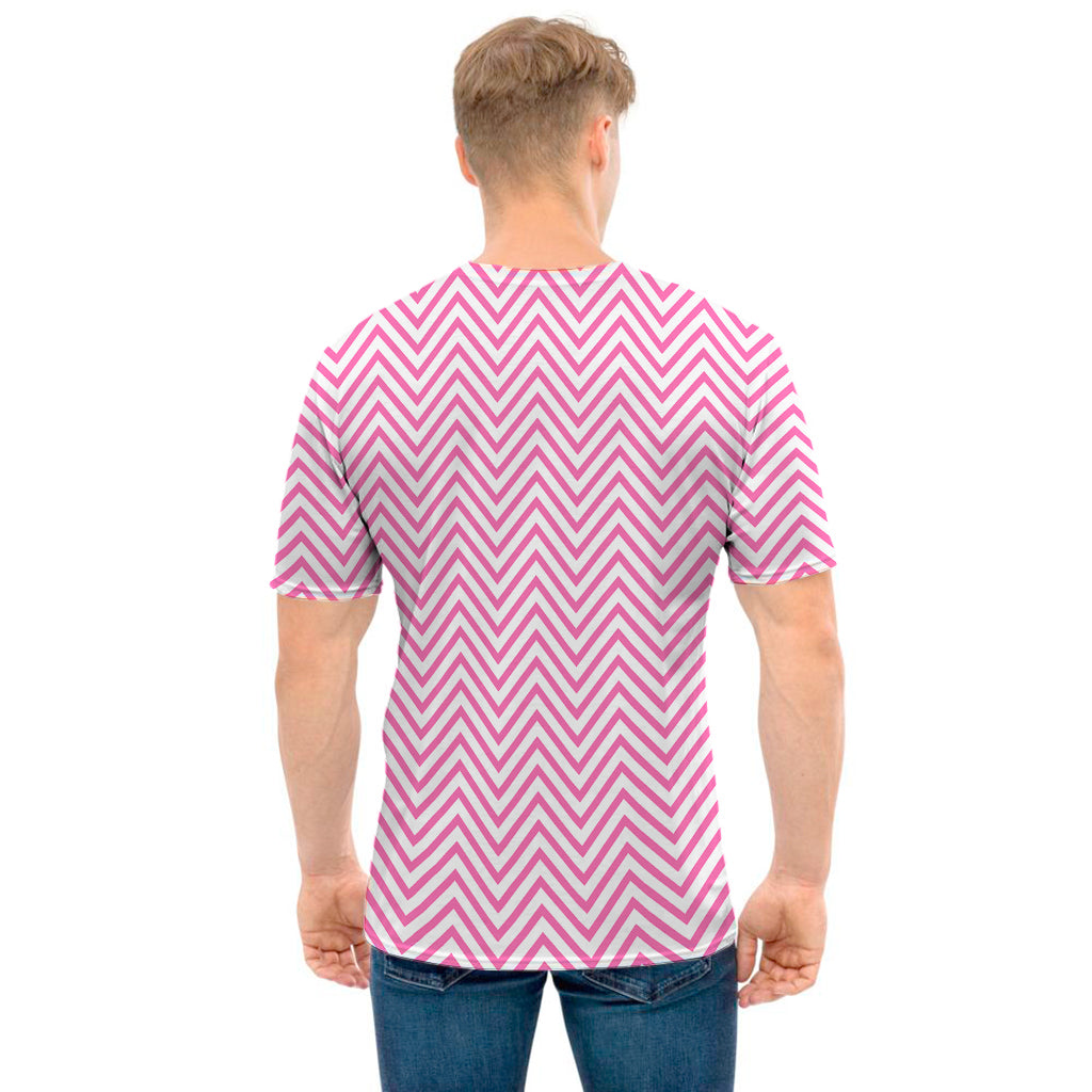 White And Pink Zigzag Pattern Print Men's T-Shirt