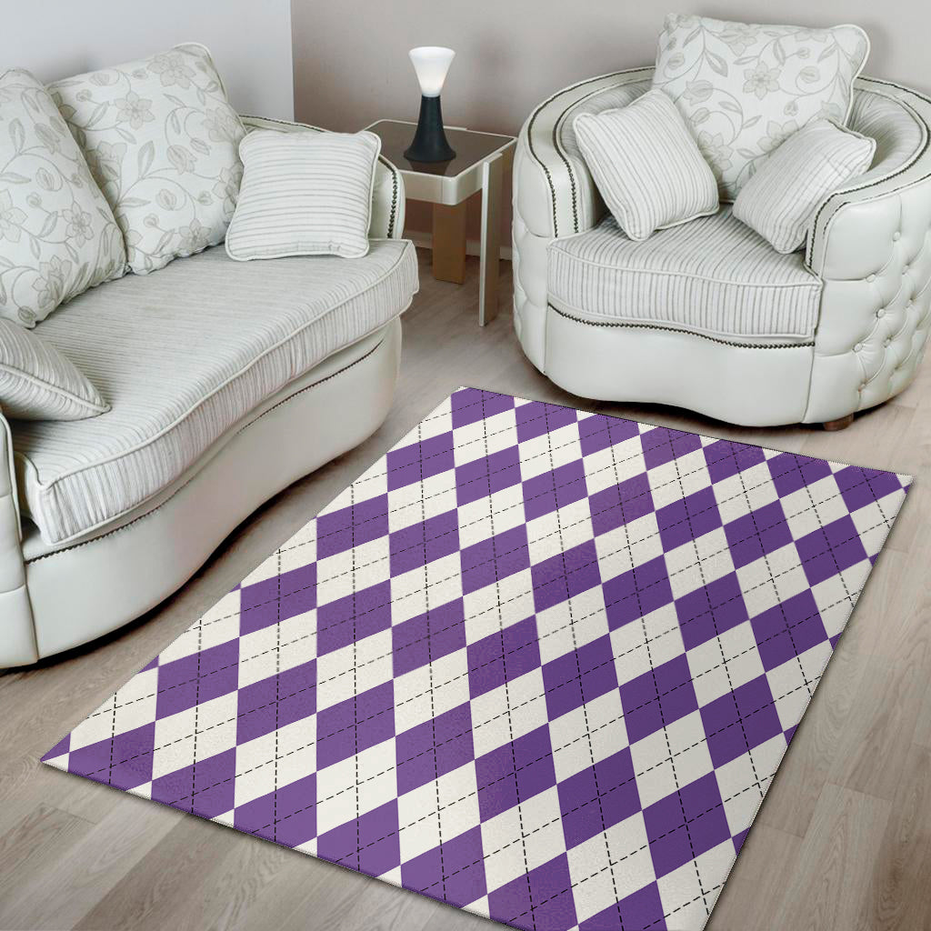 White And Purple Argyle Pattern Print Area Rug