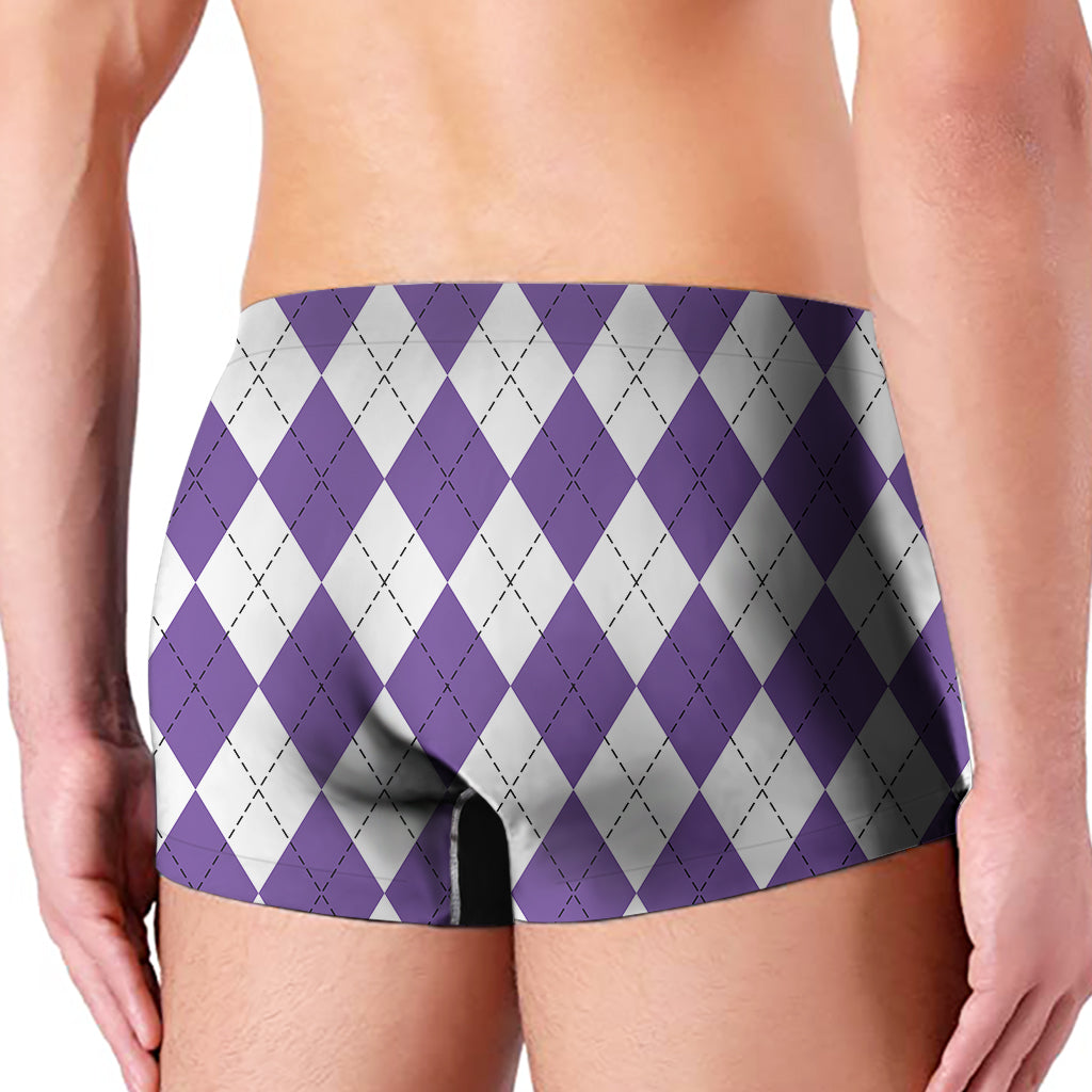 White And Purple Argyle Pattern Print Men's Boxer Briefs