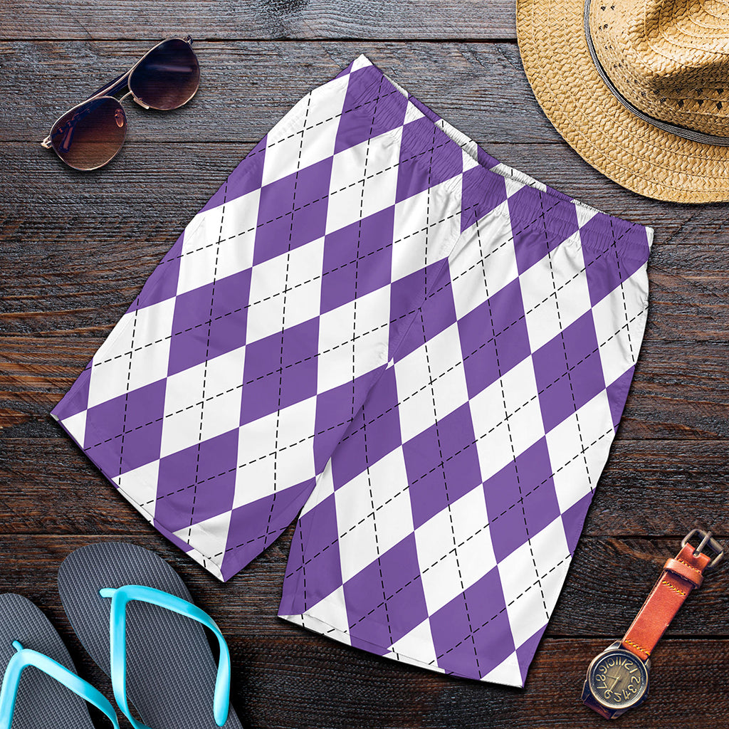 White And Purple Argyle Pattern Print Men's Shorts