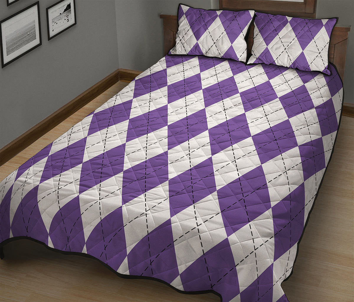 White And Purple Argyle Pattern Print Quilt Bed Set