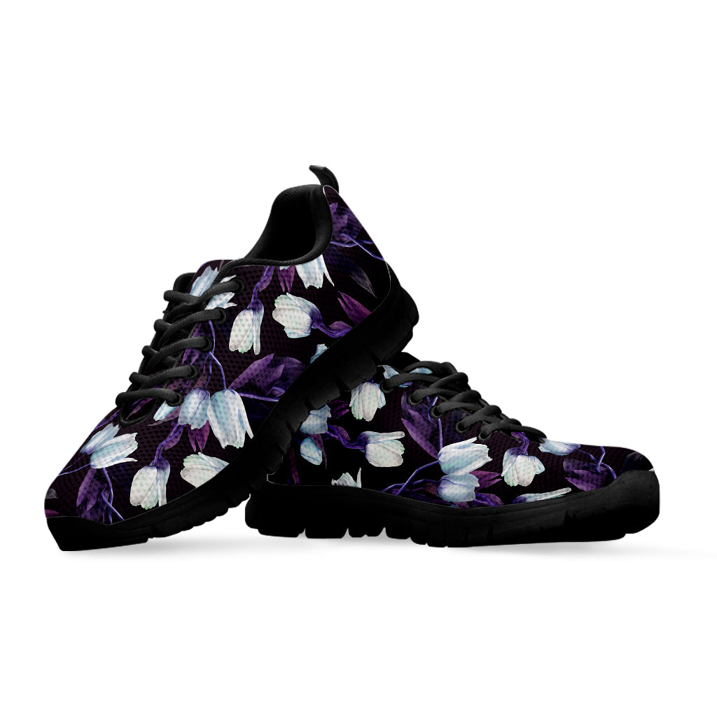 White And Purple Tulip Pattern Print Black Sneakers