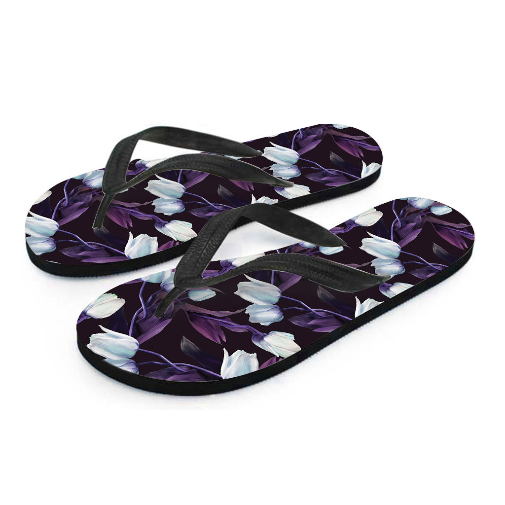 White And Purple Tulip Pattern Print Flip Flops