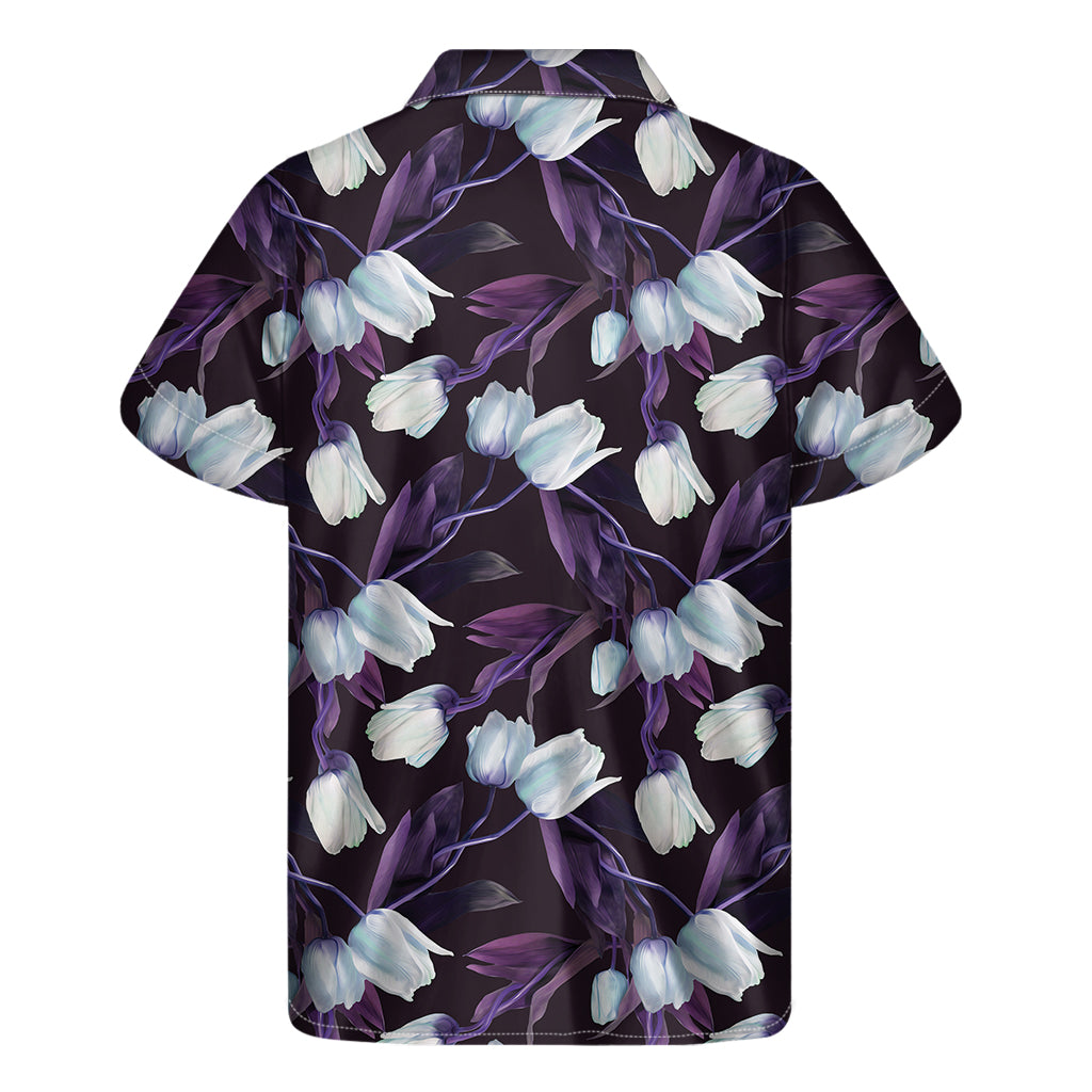 White And Purple Tulip Pattern Print Men's Short Sleeve Shirt