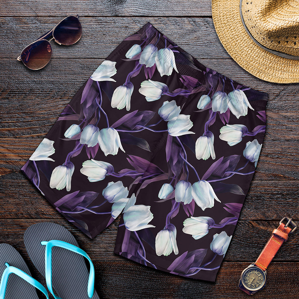White And Purple Tulip Pattern Print Men's Shorts