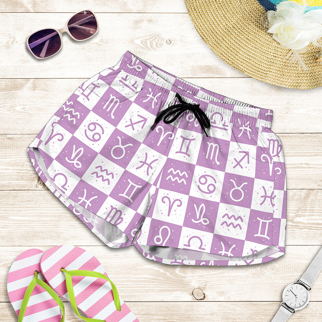 White And Purple Zodiac Signs Print Women's Shorts