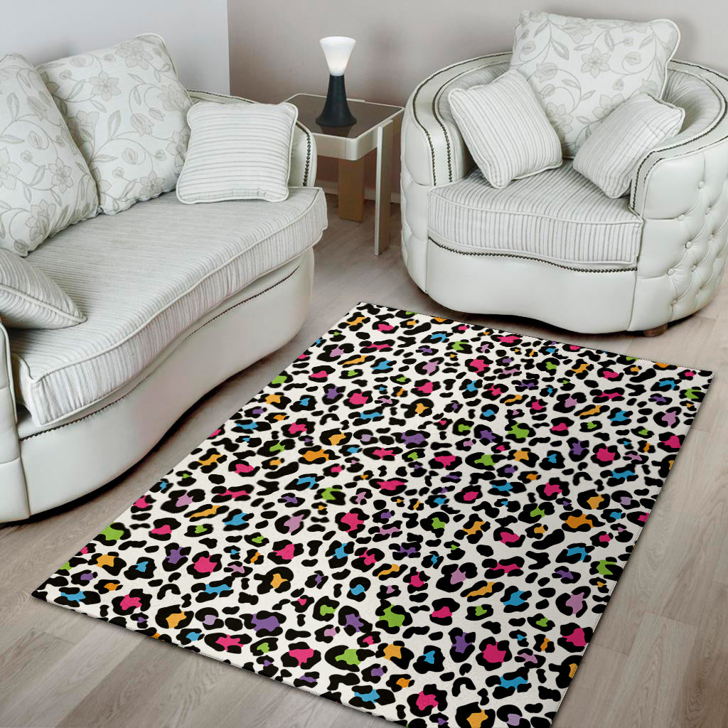 White And Rainbow Leopard Print Area Rug