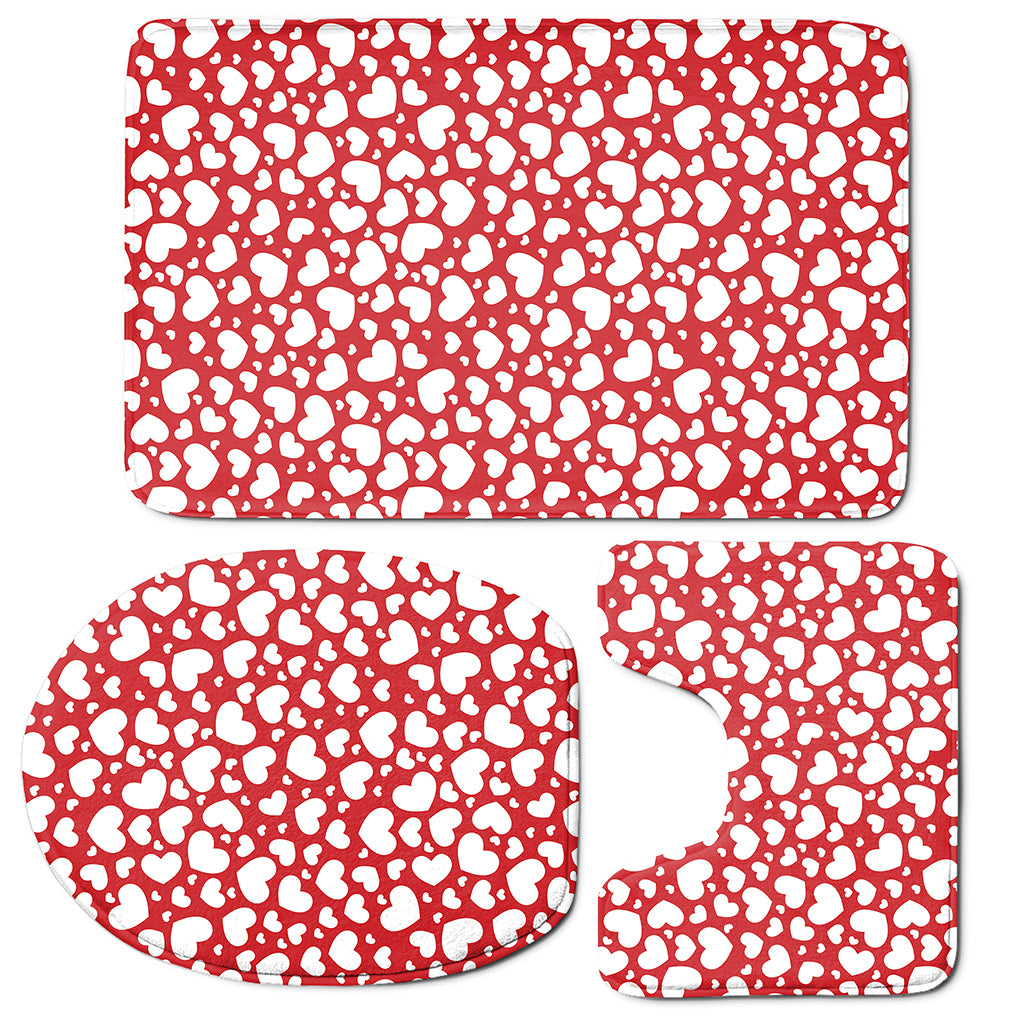 White And Red Heart Pattern Print 3 Piece Bath Mat Set