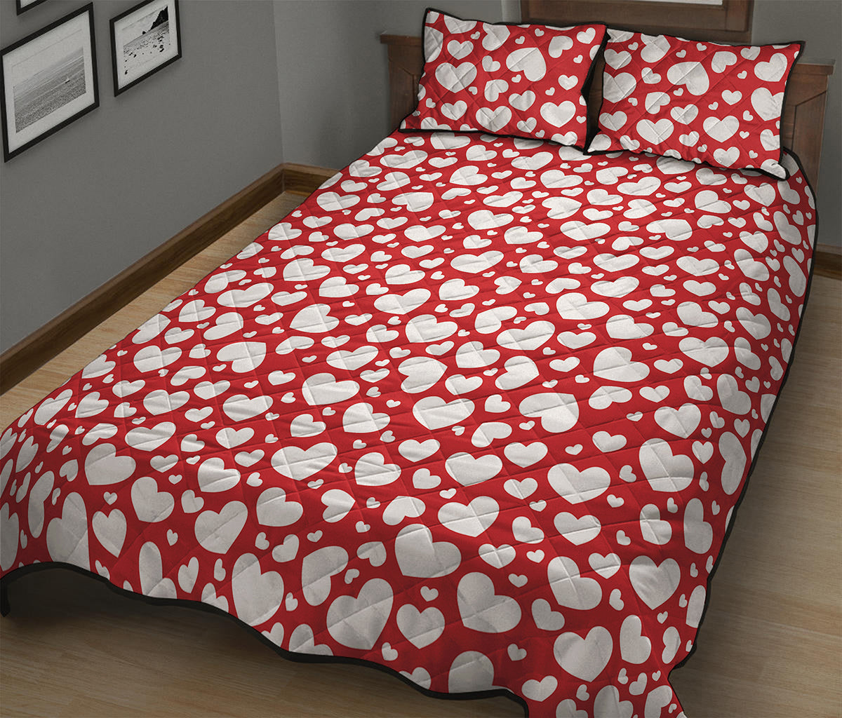 White And Red Heart Pattern Print Quilt Bed Set
