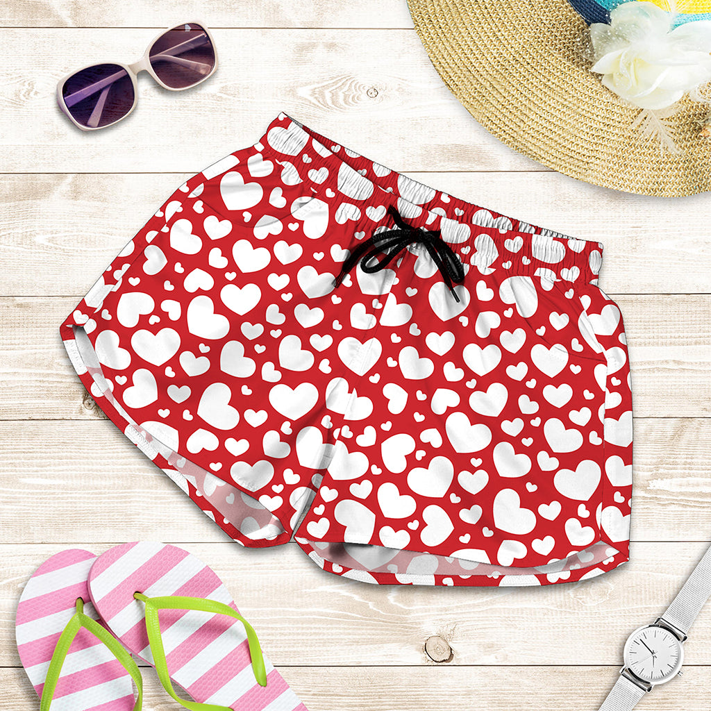 White And Red Heart Pattern Print Women's Shorts