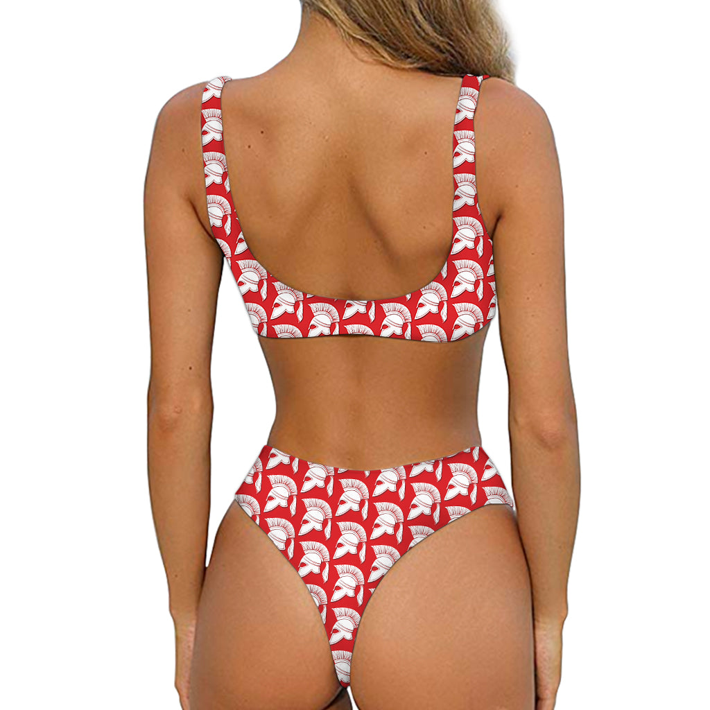 White And Red Spartan Pattern Print Front Bow Tie Bikini