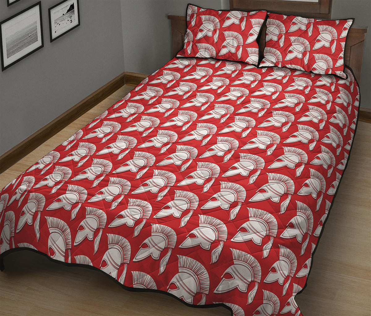 White And Red Spartan Pattern Print Quilt Bed Set