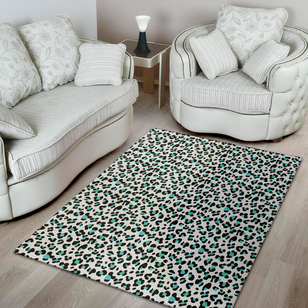 White And Teal Leopard Print Area Rug