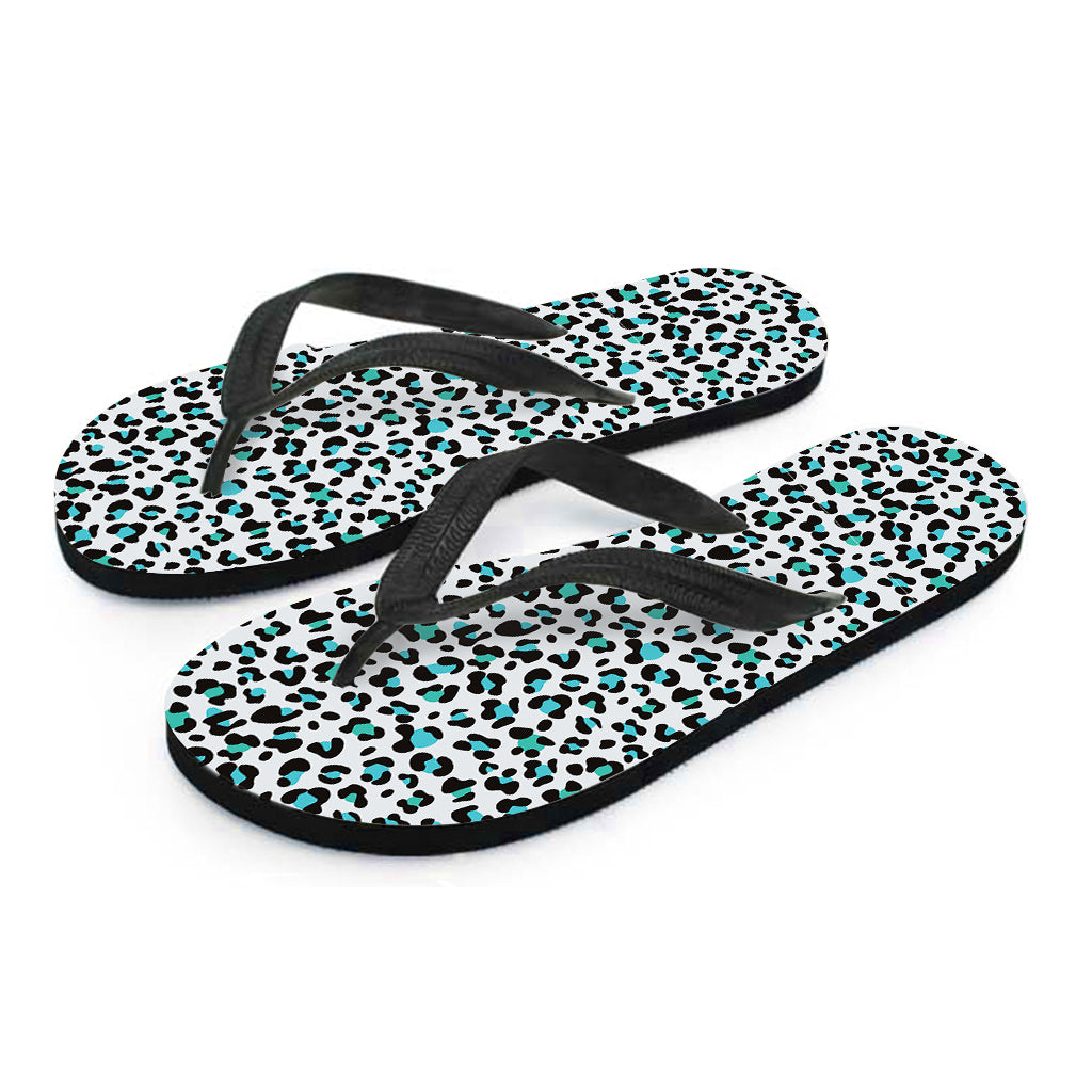 White And Teal Leopard Print Flip Flops