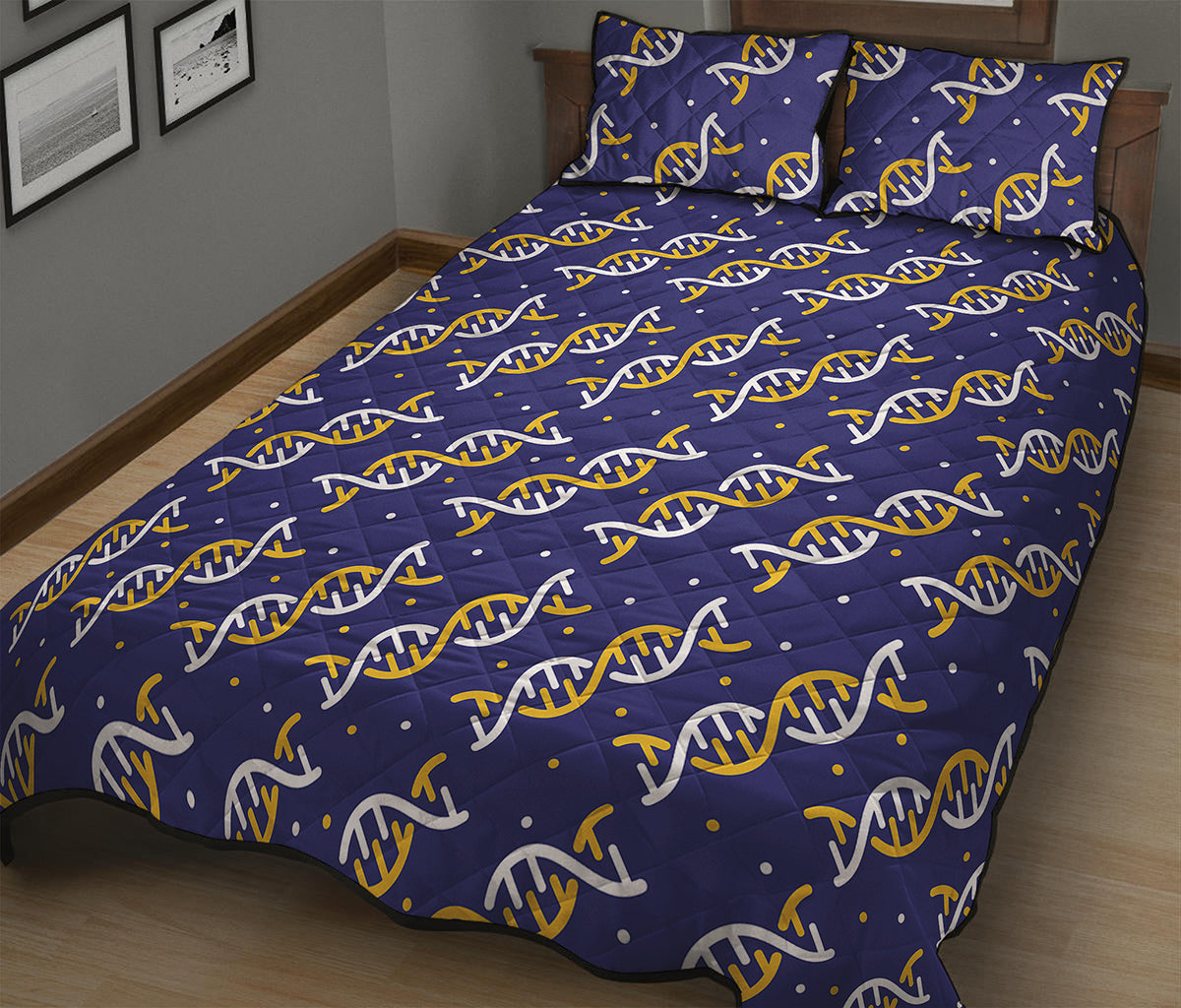 White And Yellow DNA Pattern Print Quilt Bed Set