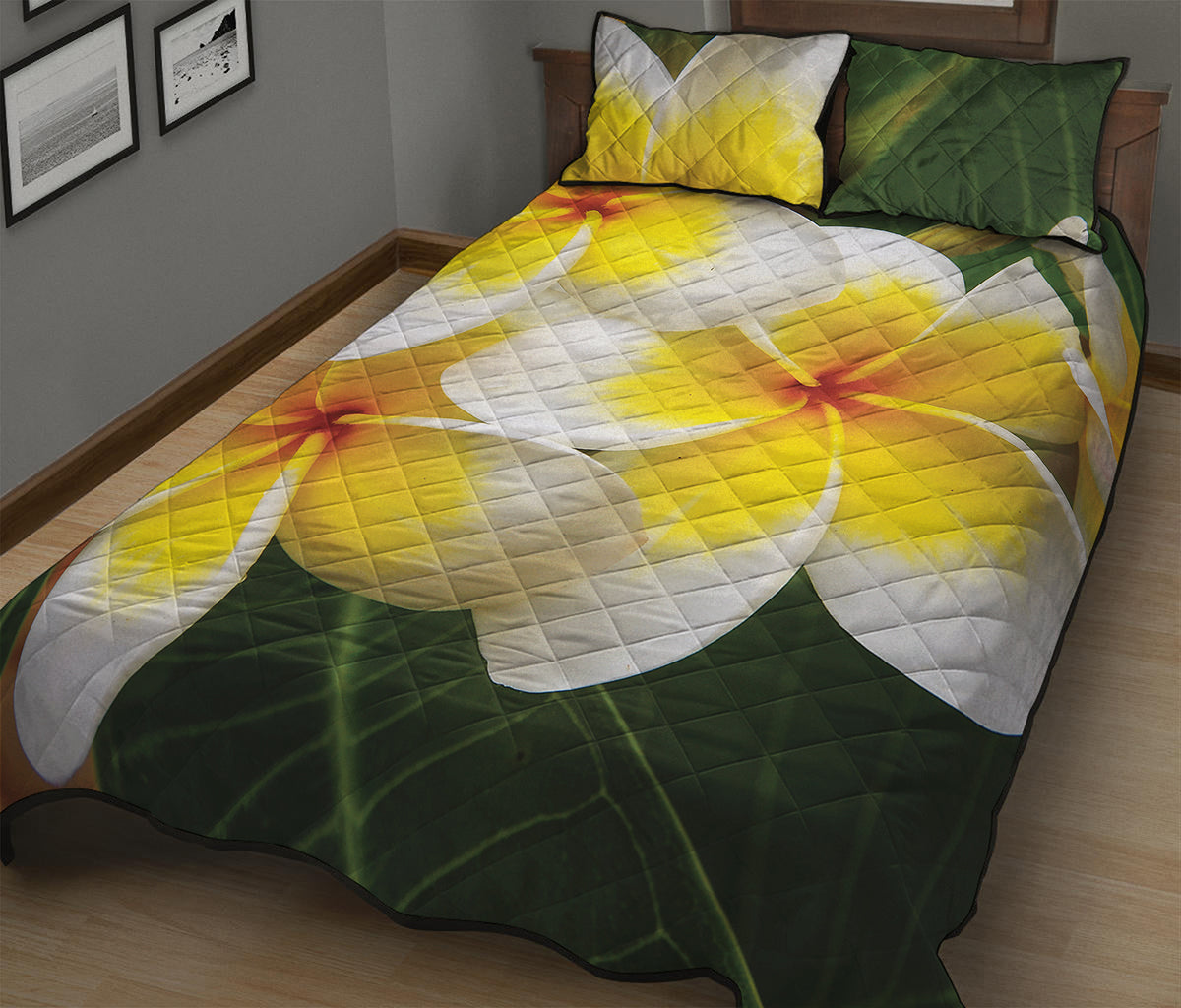 White And Yellow Plumeria Flower Print Quilt Bed Set