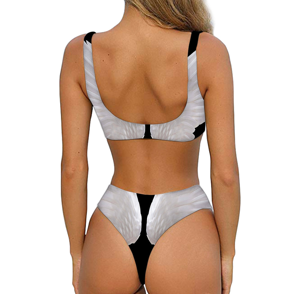 White Angel Wings Print Front Bow Tie Bikini