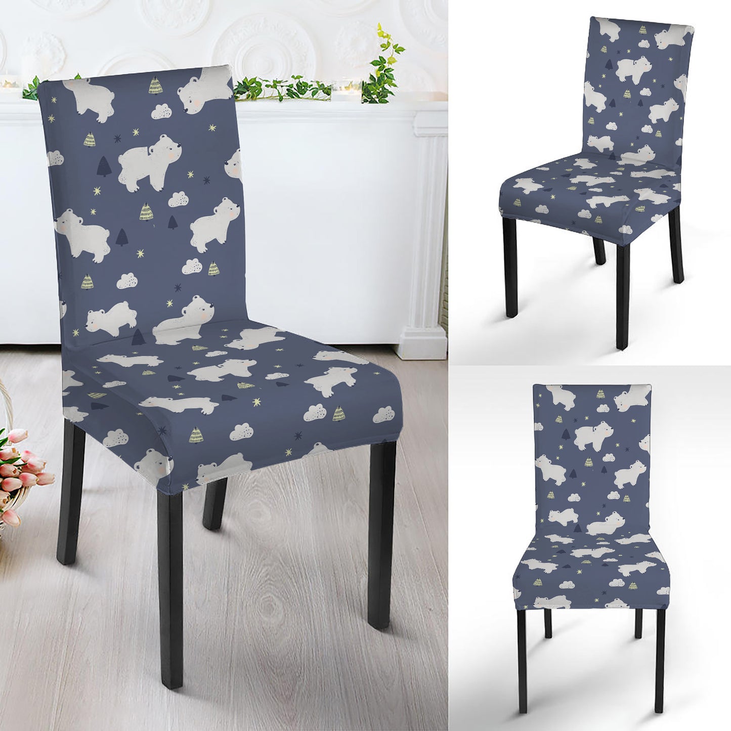 White Baby Polar Bear Pattern Print Dining Chair Slipcover