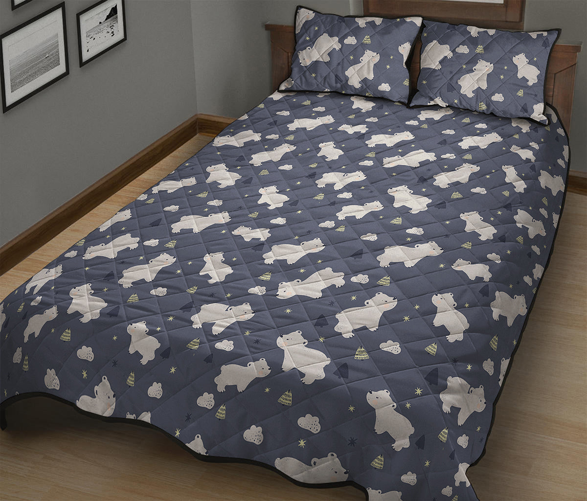 White Baby Polar Bear Pattern Print Quilt Bed Set