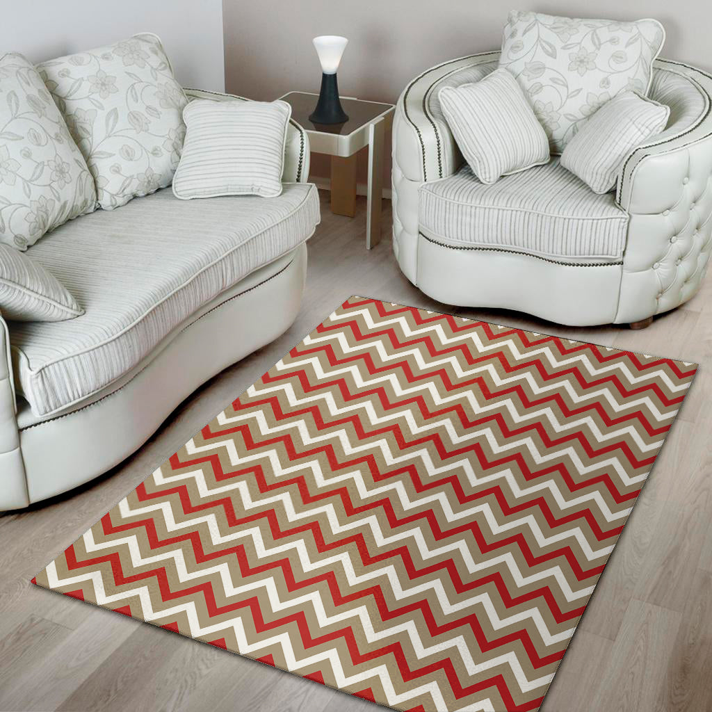 White Beige And Red Chevron Print Area Rug
