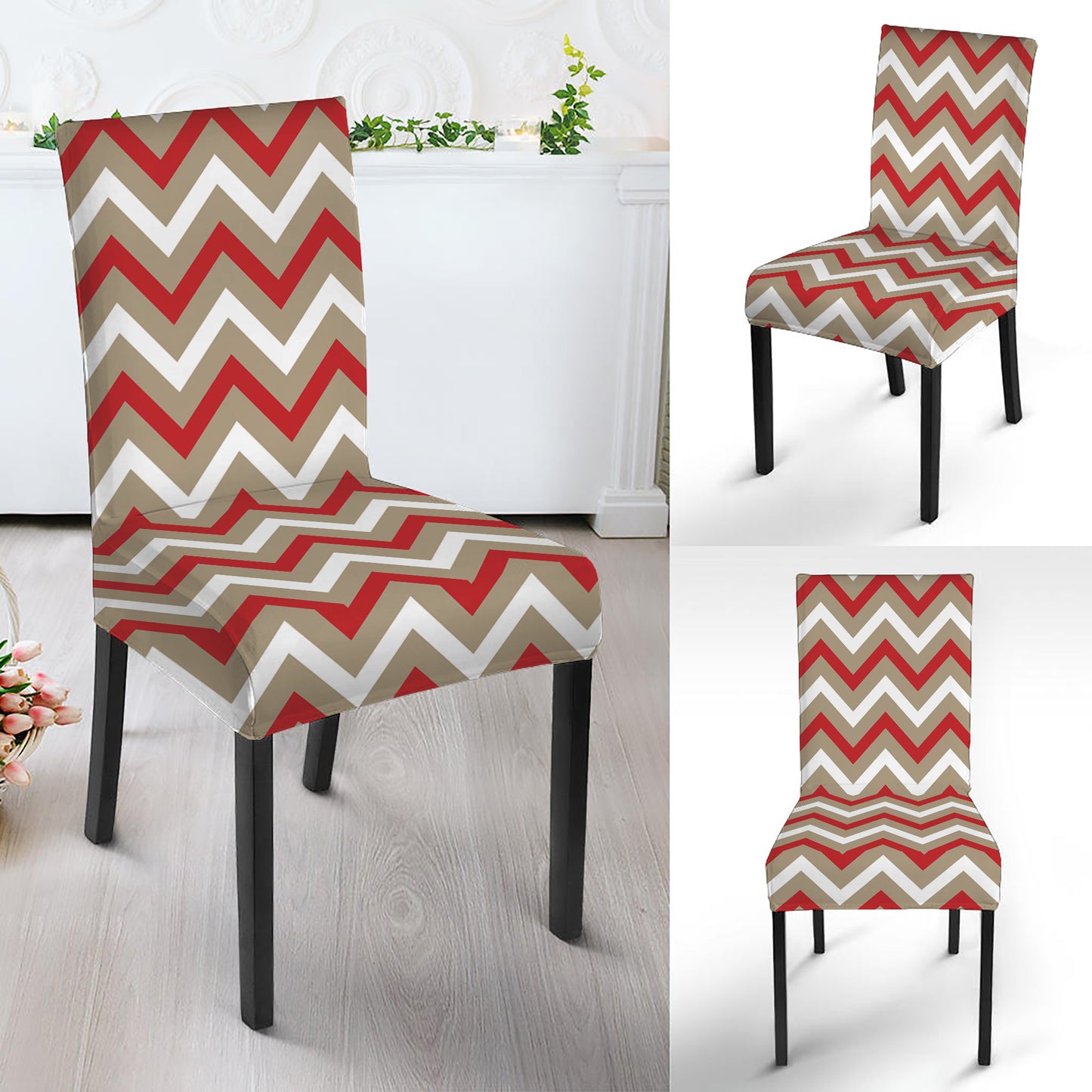 White Beige And Red Chevron Print Dining Chair Slipcover