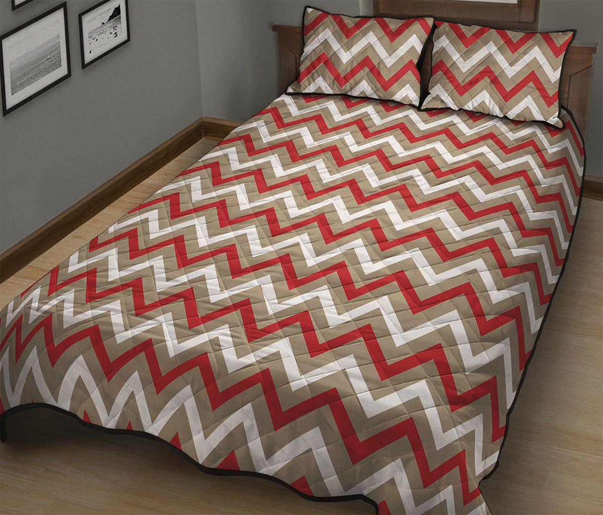 White Beige And Red Chevron Print Quilt Bed Set
