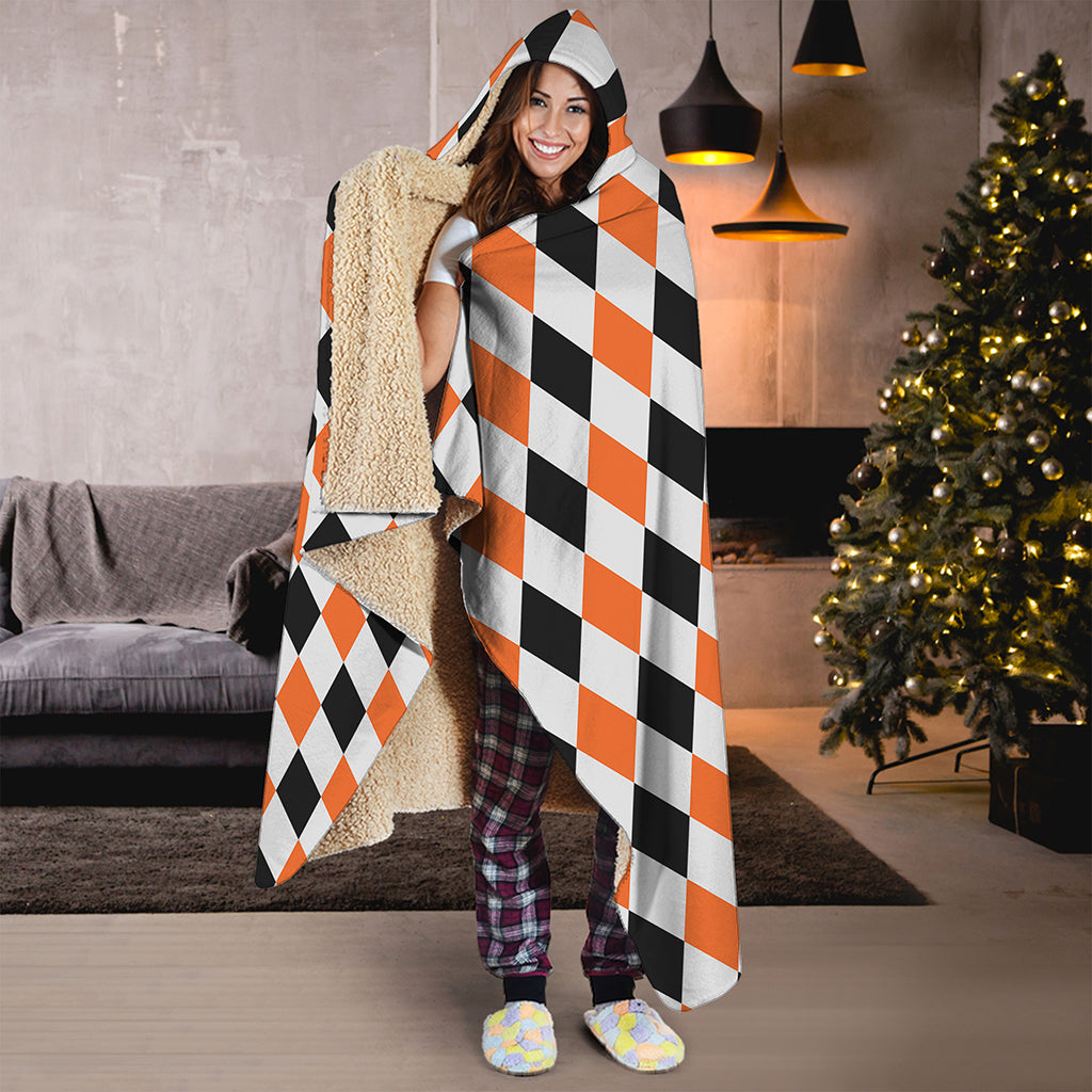 White Black And Orange Harlequin Print Hooded Blanket