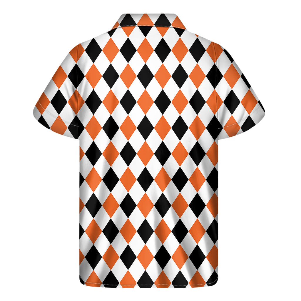 White Black And Orange Harlequin Print Men's Short Sleeve Shirt